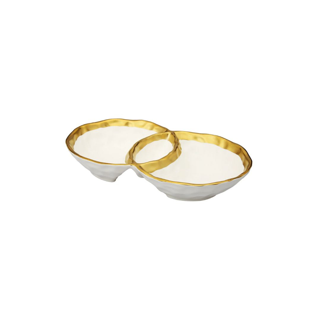 White Porcelain Double Bowl with Gold Trim