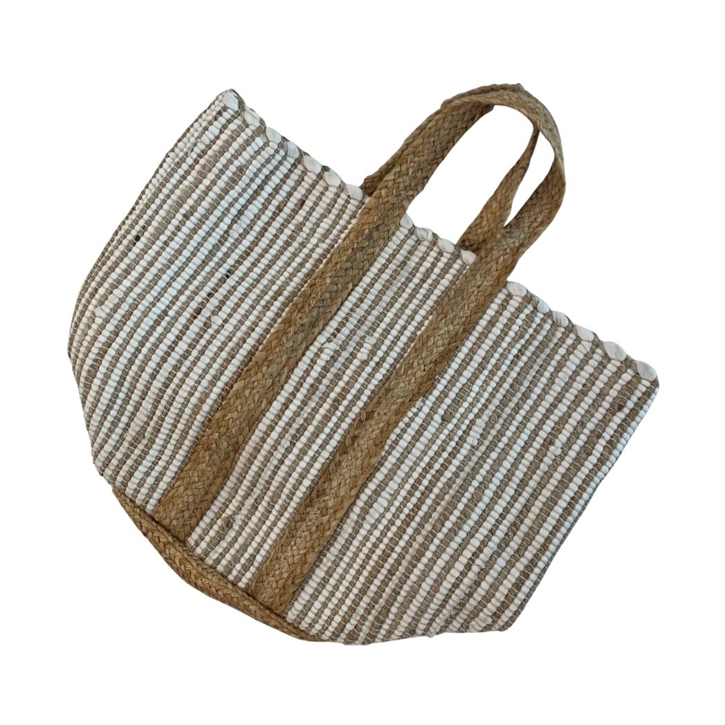 Natural and White Stripe Basket with Handles
