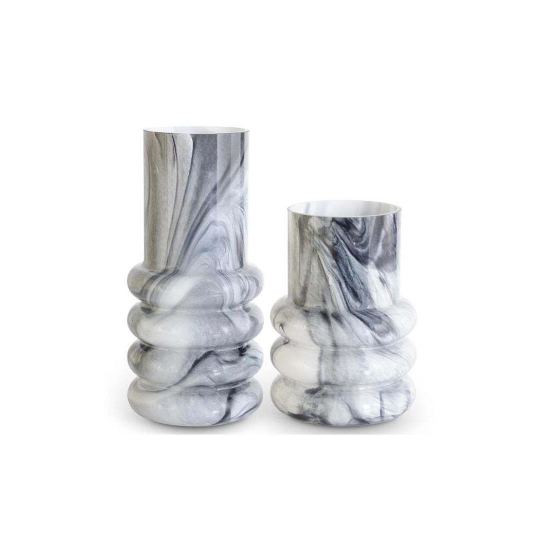 Set Of 2 White & Smokey Black Ribbed Glass Vases