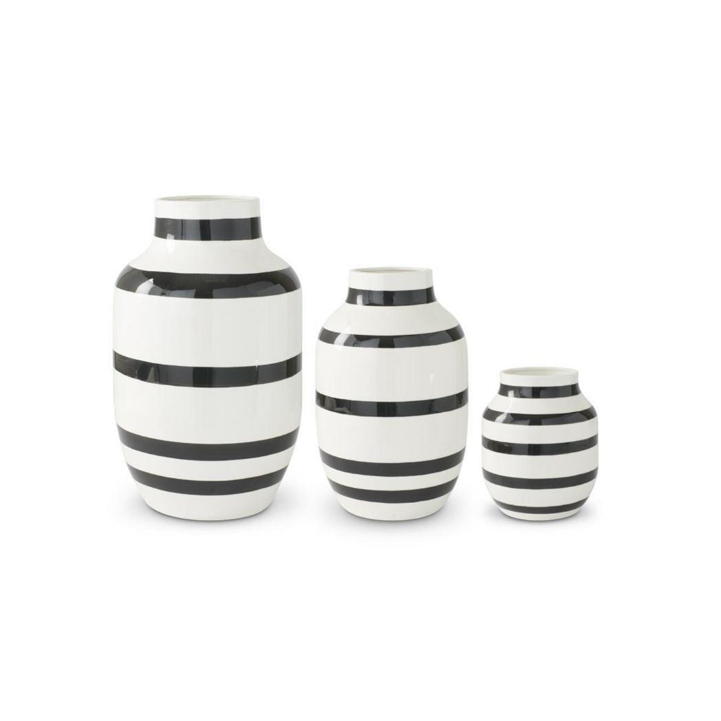 Set of 3 Black and White Striped Ceramic Vases