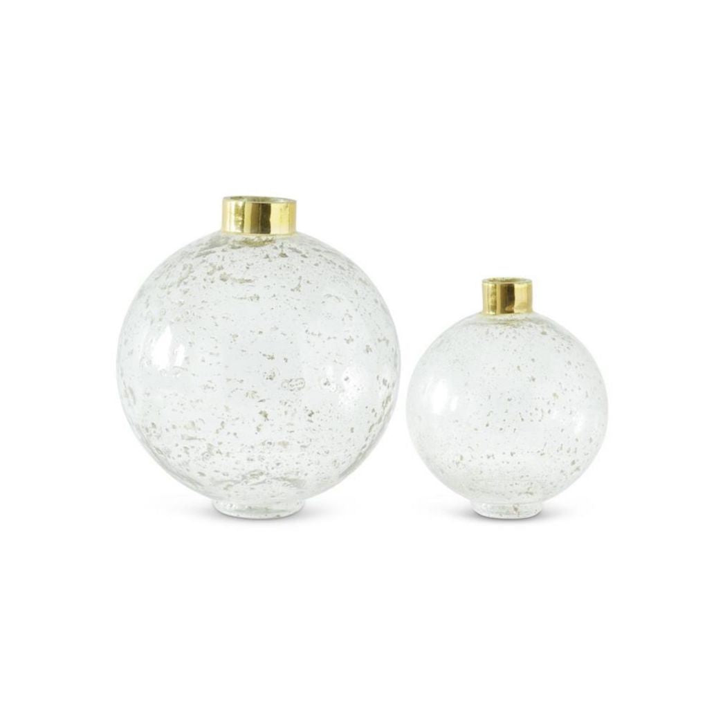 Set of Two Round Bubbly Glass Vases With Gold Edge