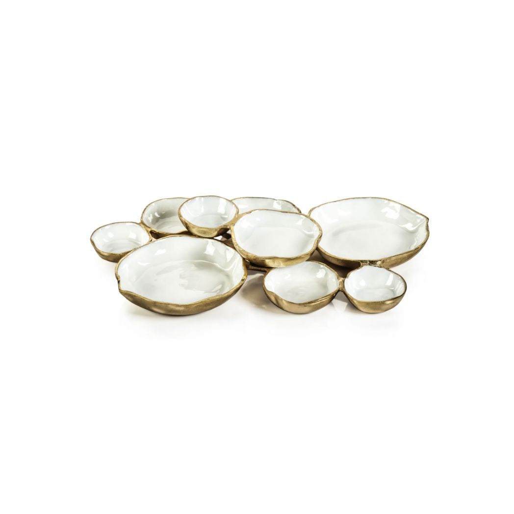 Cluster of Nine Round Serving Bowls - Gold and White