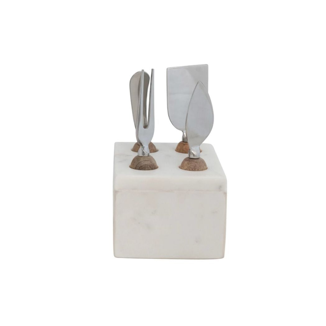 Stainless Steel Cheese Servers w/ Mango Wood Handles & Marble Stand