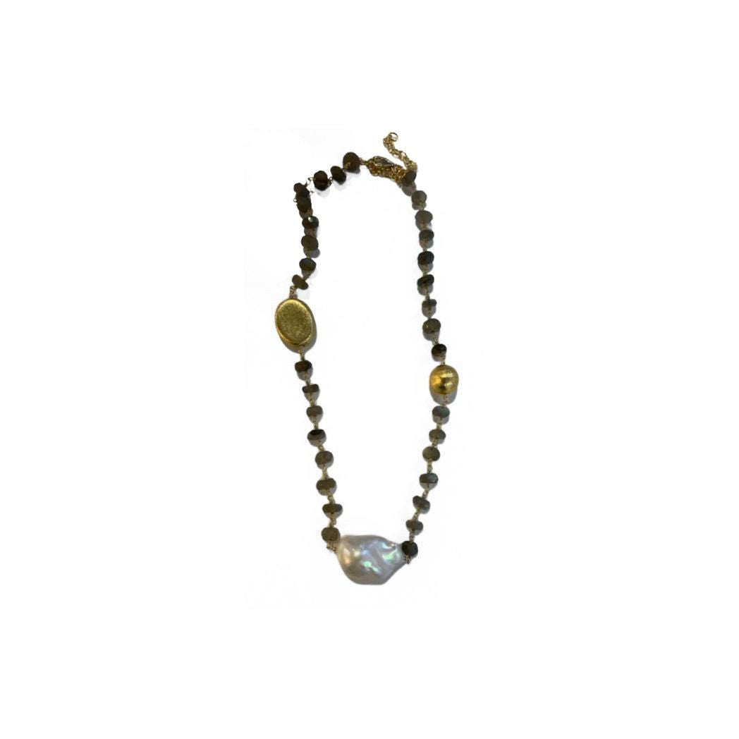 Labradorite Necklace with Sea Pearl and Gold Beads
