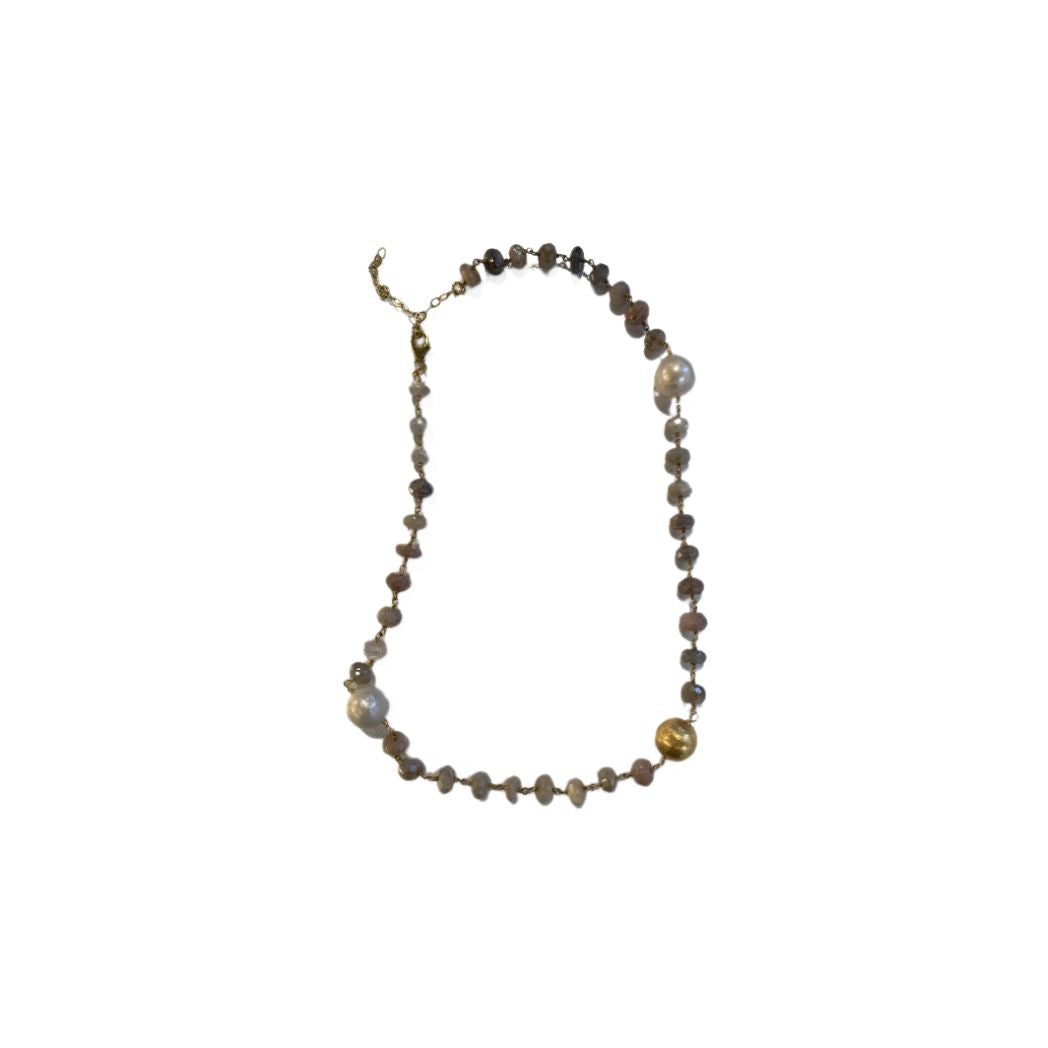 Multi Moon Stone Necklace with Pearl and Gold Beads