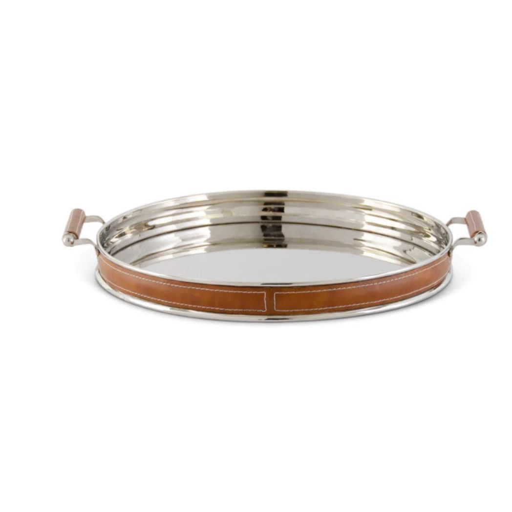 Round Double Handle Tray Silver with Brown Leather