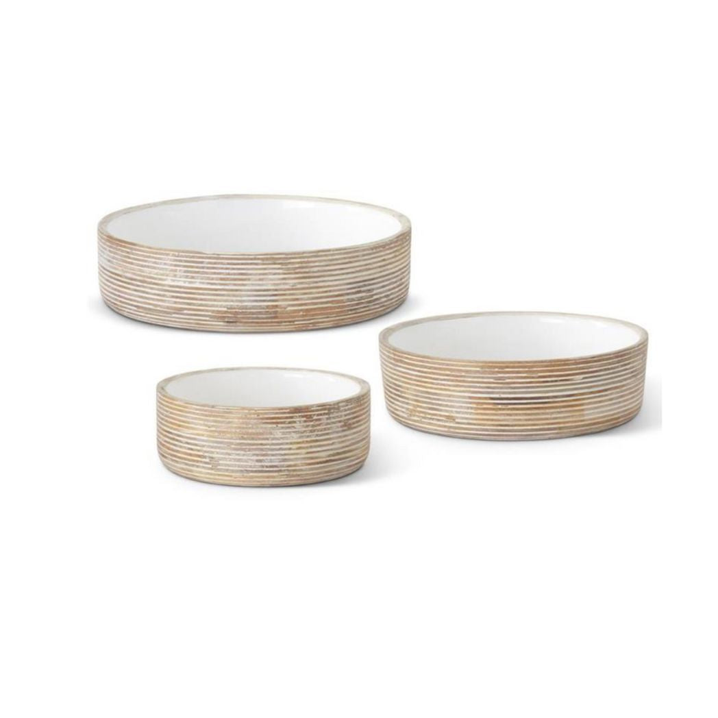 Set Of 3 Textured Mango Wood & Enamel Bowls