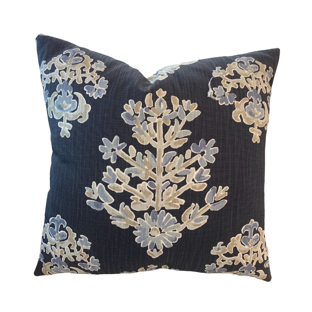 Navy, Light Blue and Cream Floral Pillow