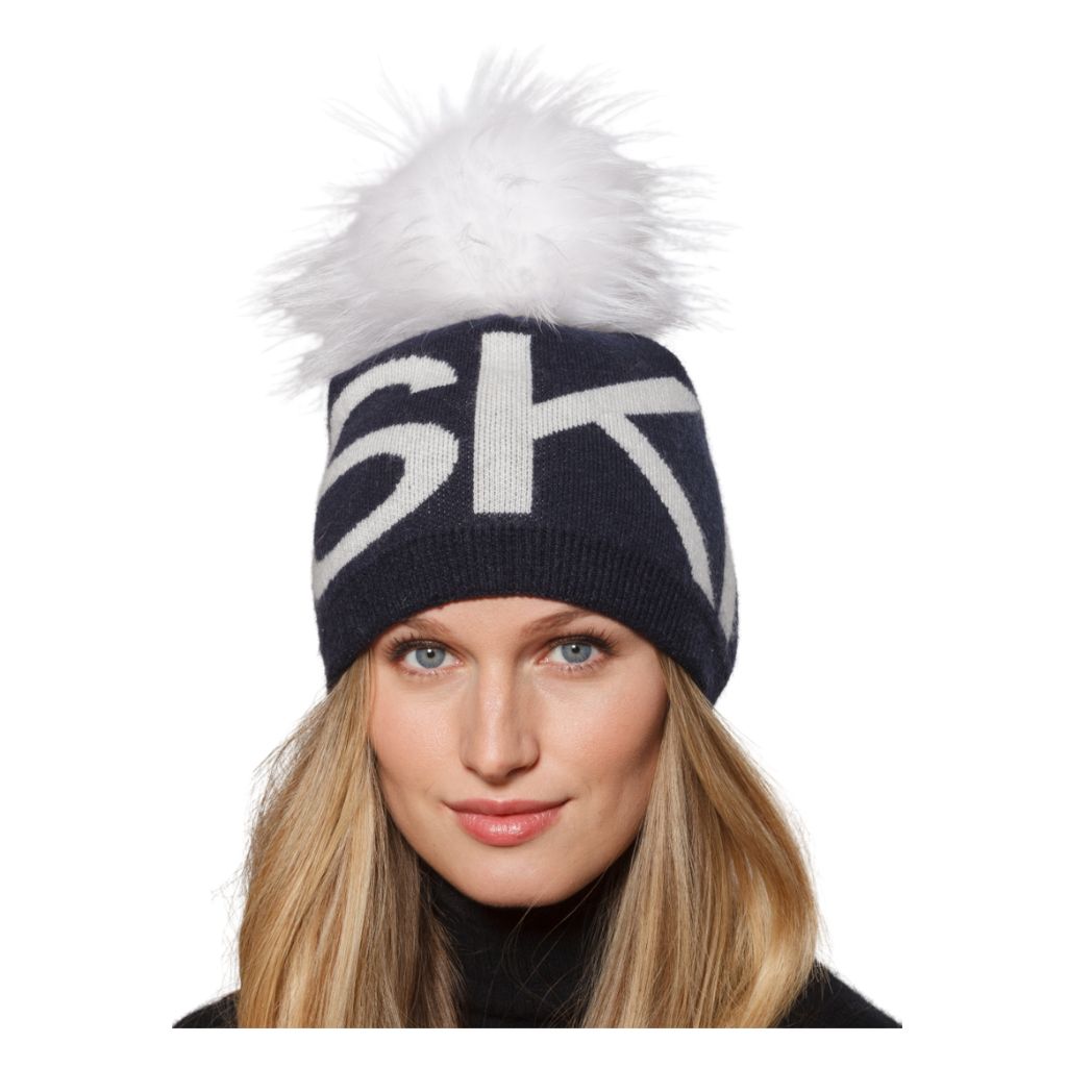 Wool Blend "SKI" Hat with Angora Pom Pom- Available in Black or Navy