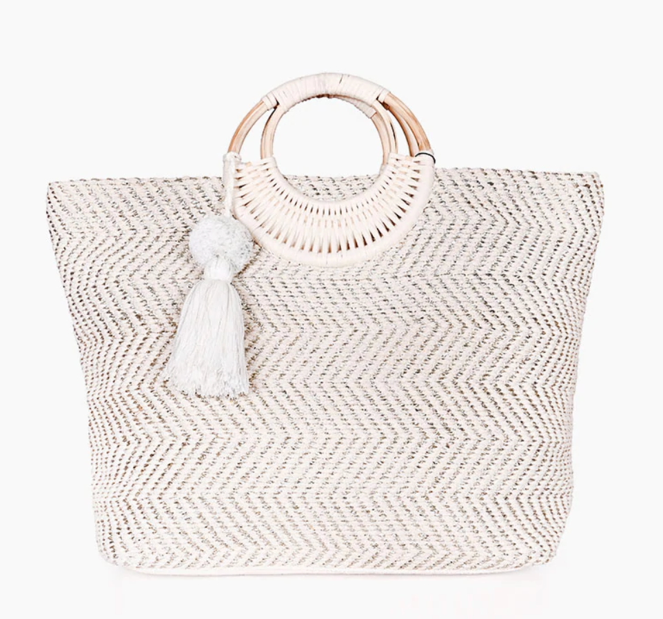 Wood and Woven Handle Day Tote, Chevron pattern
