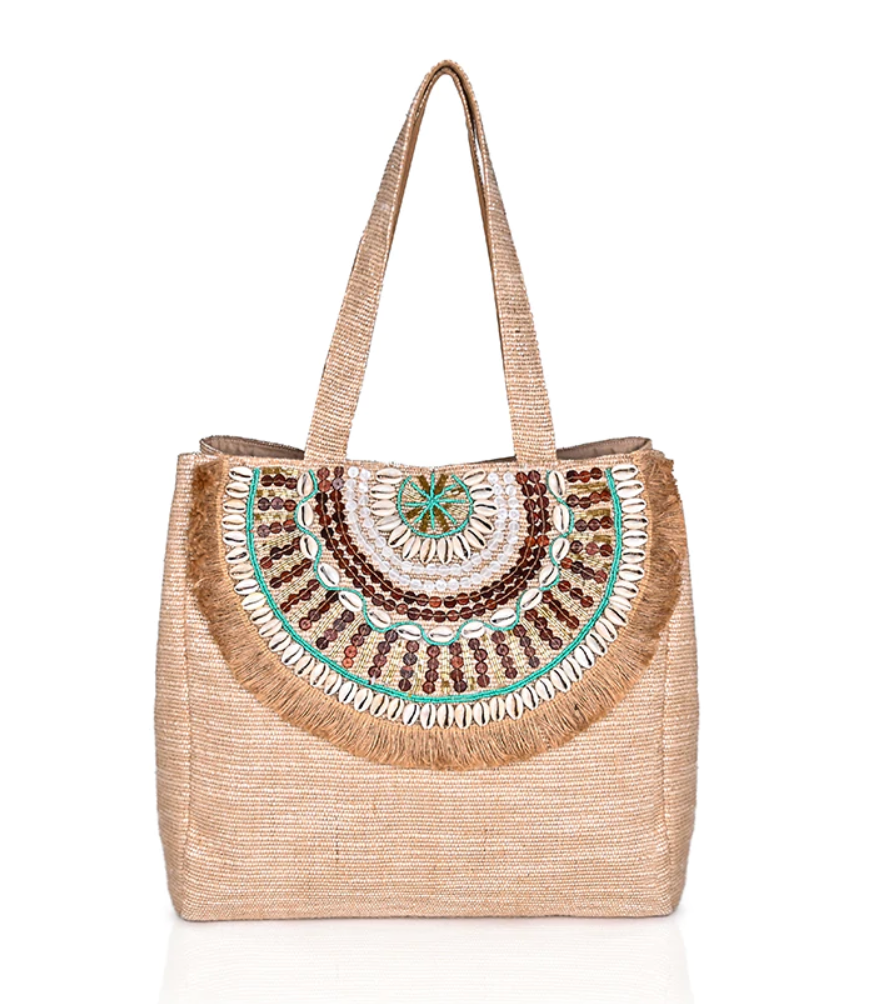 St. Martin Embellished Tote, Natural/Turquoise