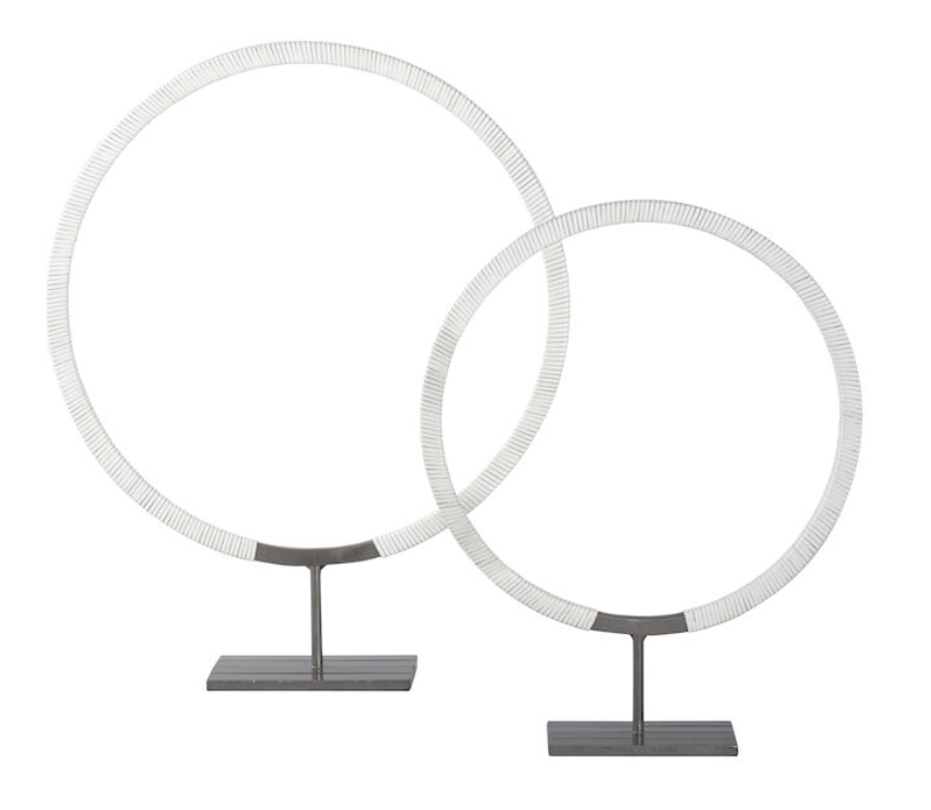 White Leather Wrapped Decorative Rings on Stands ( Set of 2)