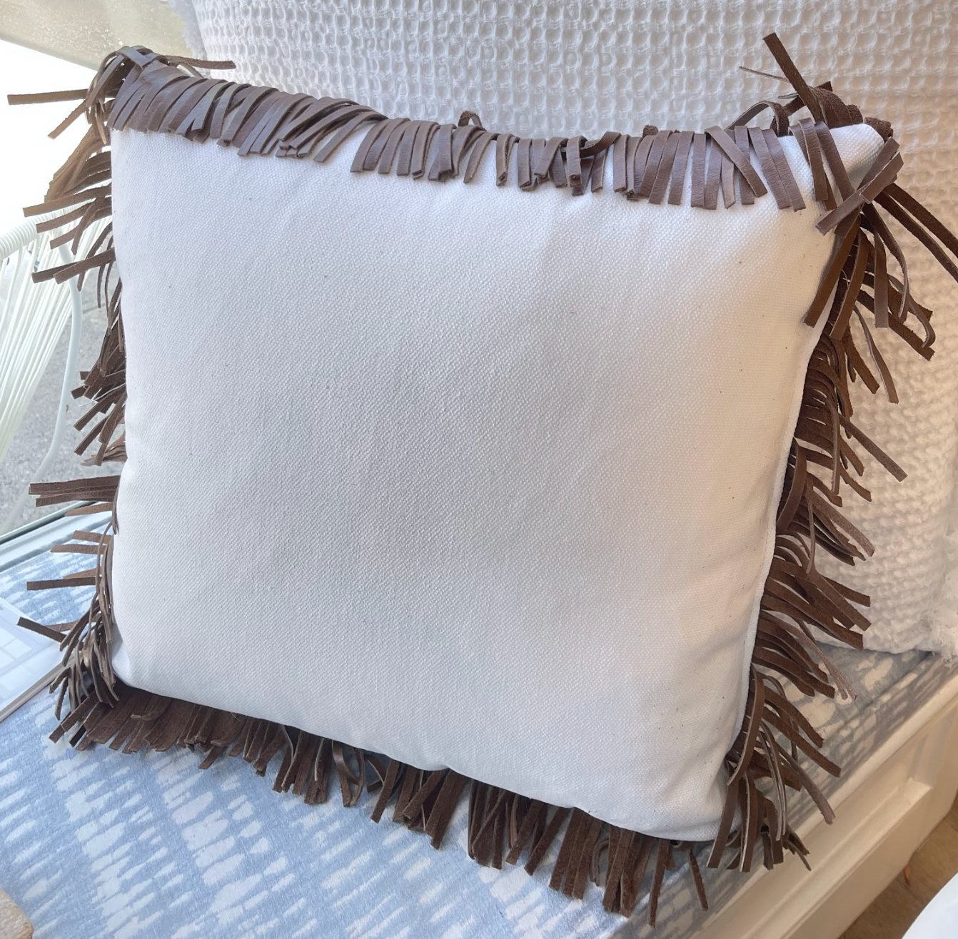 White & Brown Leather Fringe Pillows