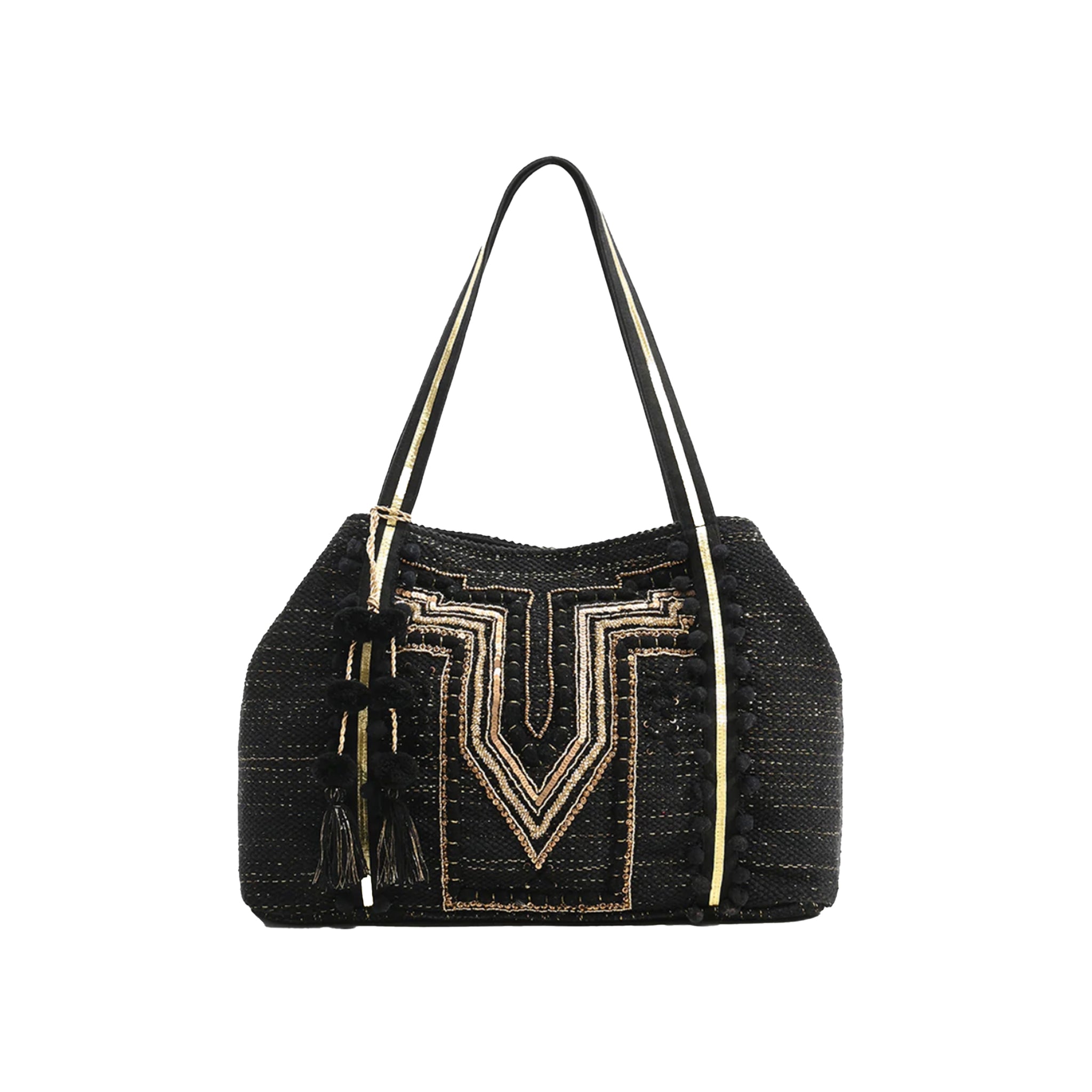 Black and Gold Embellished Beach Tote